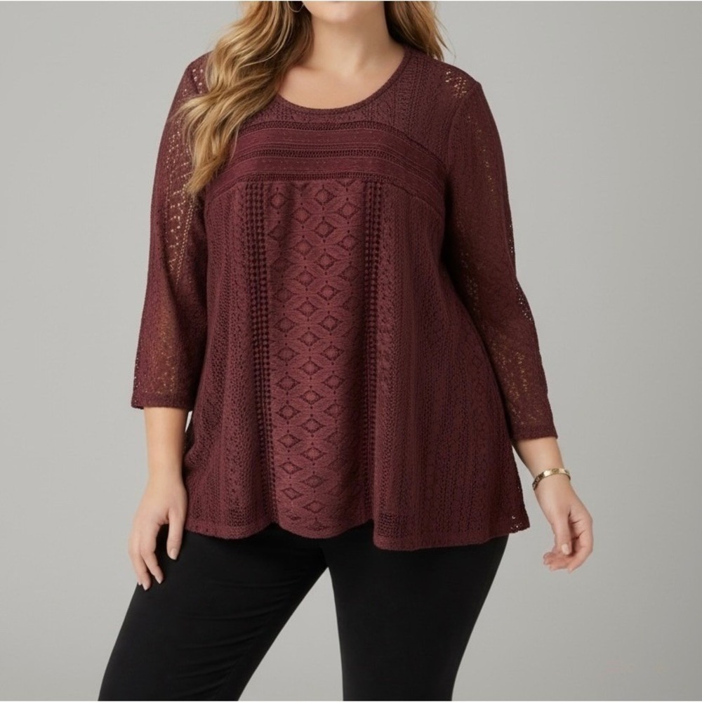Krazy Kat Womens XXL Maroon Lace 3/4 Sleeve Boho Tunic Top Scoop Neck Burgundy